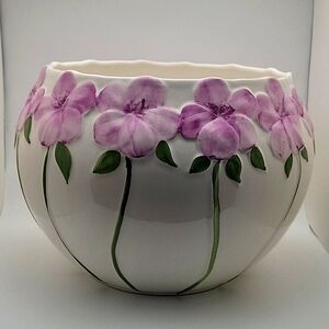Safaril Hand Made/Painted Embossed Purple Flower/ Green Stem Pottery Planter